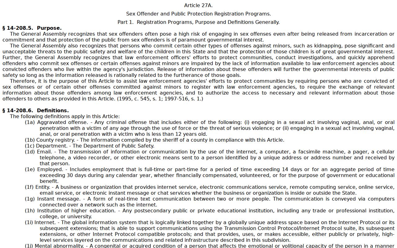 North Carolina registration law for Mitchell County sex offender records